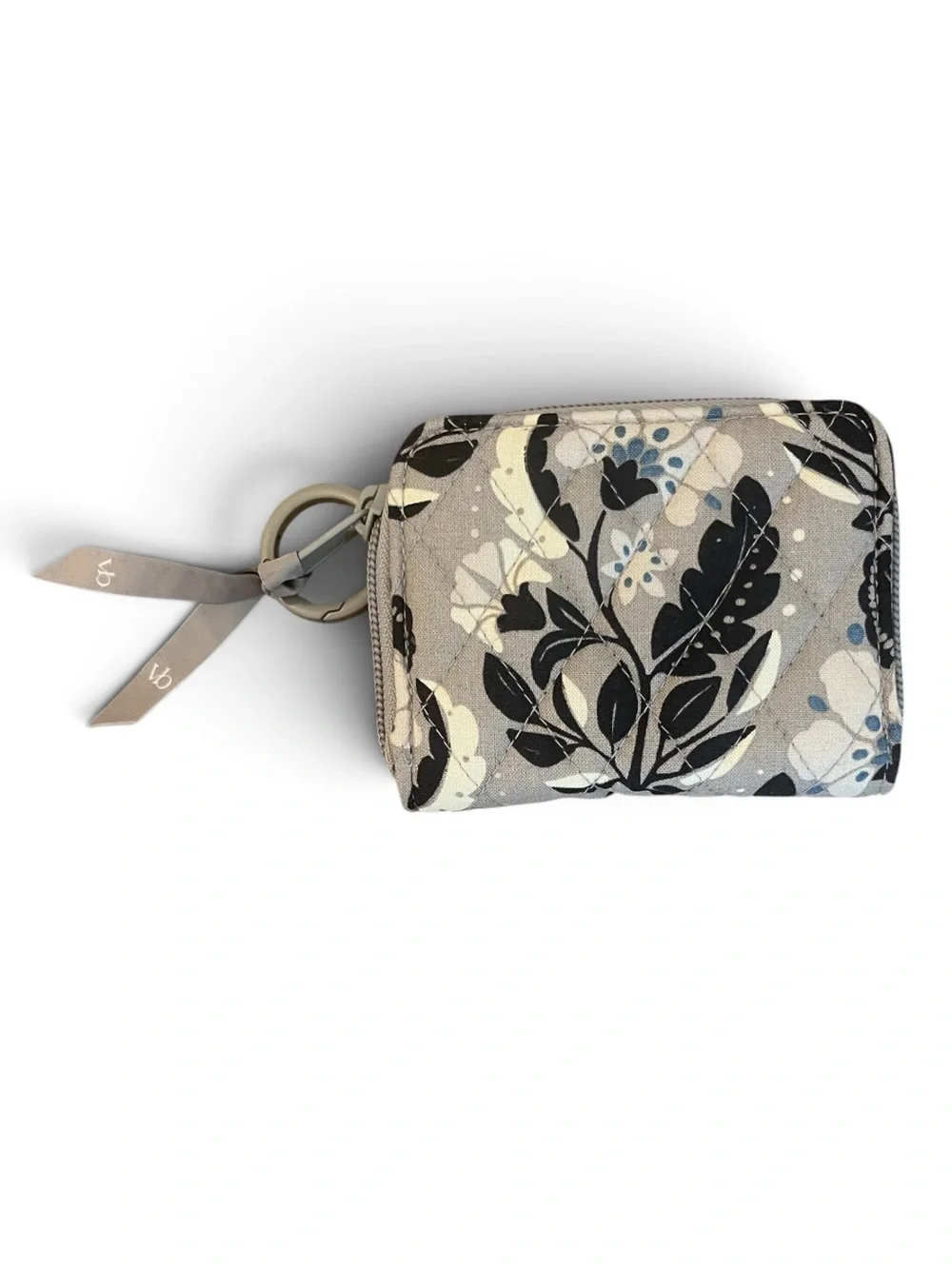 Vera Bradley Gray Floral Quilted Zip Card Wallet with Keyring